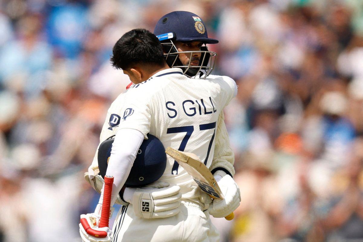 India's Shubman Gill celebrates with Washington Sundar after reaching 200 runs