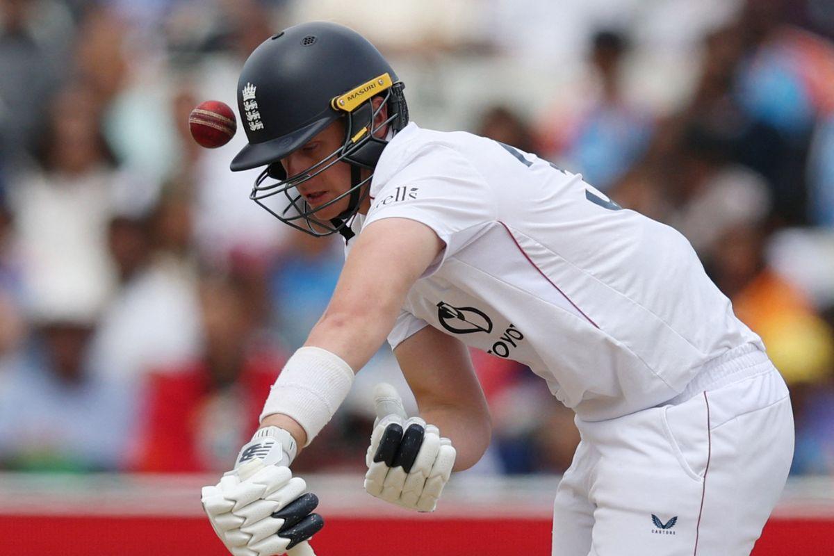 England's Jamie Smith gets served a snorter during the 2nd innings of the 2nd Test at Edgbaston in Birmingham on Sunday