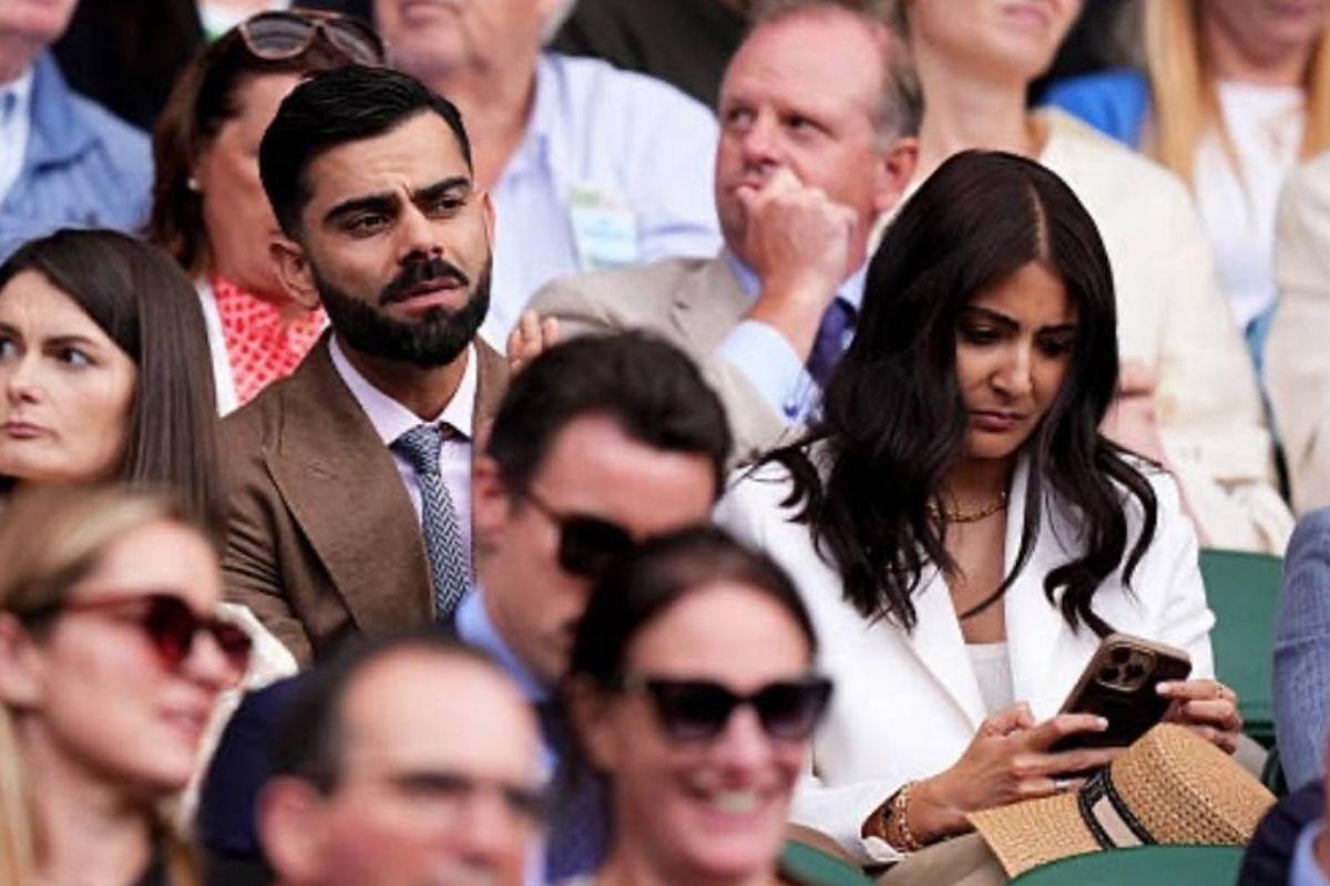 Former India captain Virat Kohli and wife Anushka Sharma watch the match between Novak Djokovic and Alex de Minuer at Wimbledon on Monday