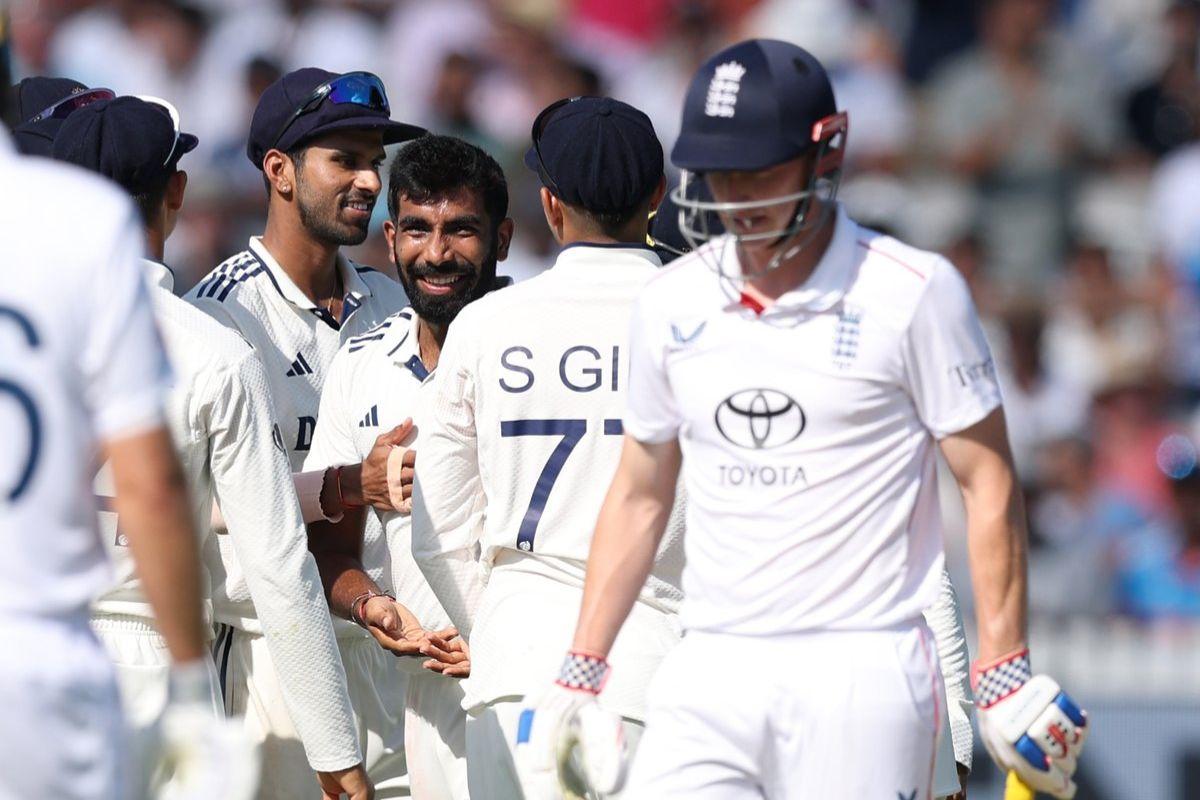 India's Jasprit Bumrah celebrates the wicket of Harry Brook