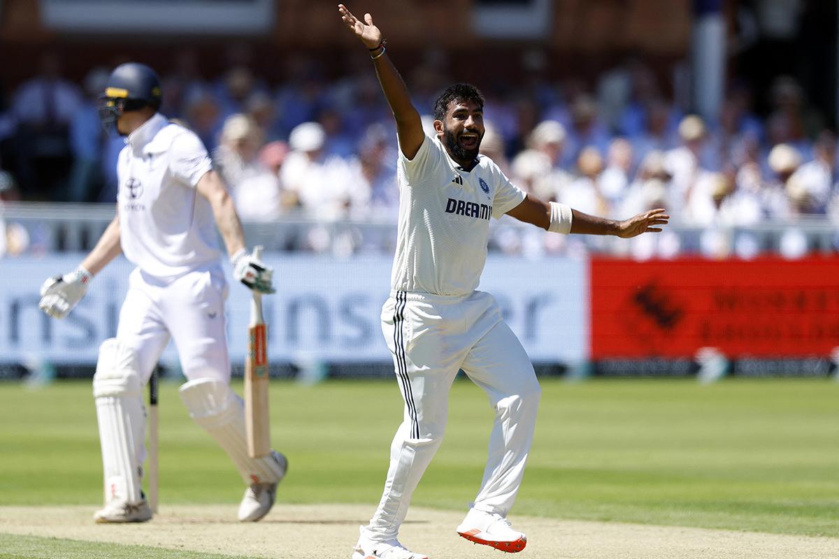 India's Jasprit Bumrah unsuccessfully appeals for an lbw against England's Zak Crawley