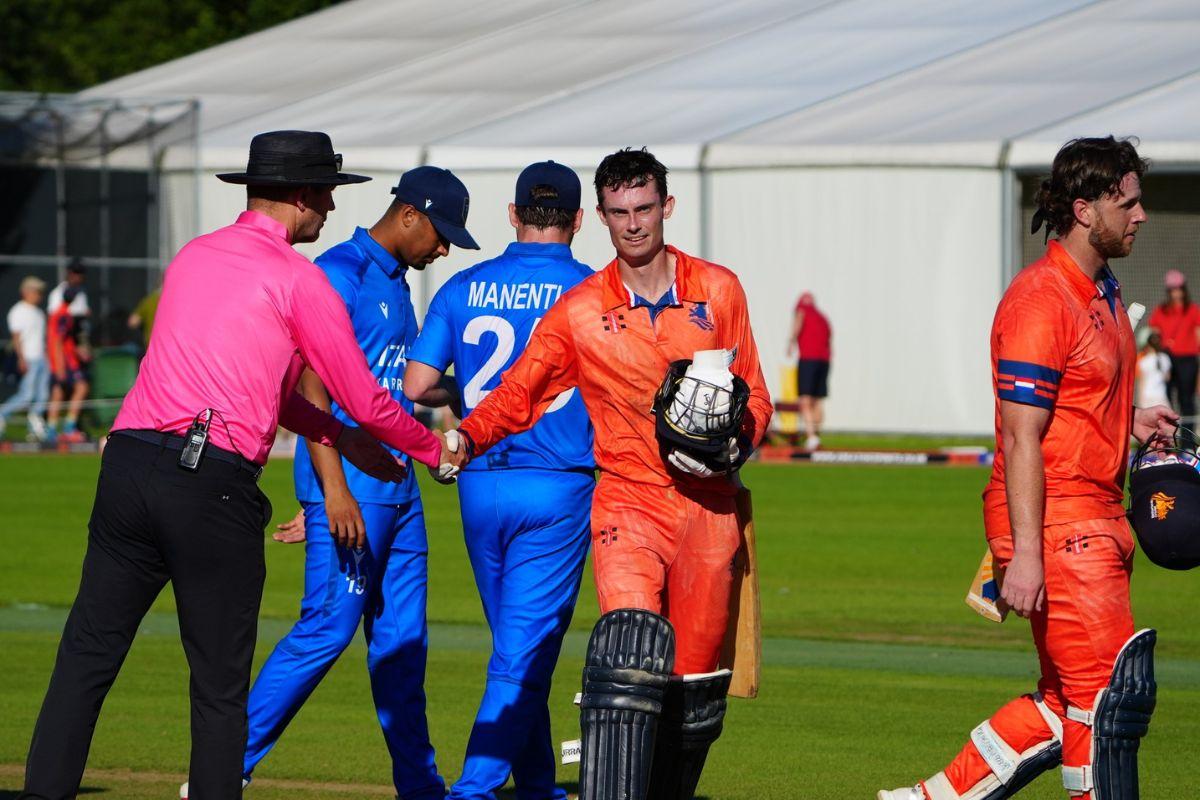 Dutch players celebrate their win over Italy on Friday to qualify for the T20 World Cup