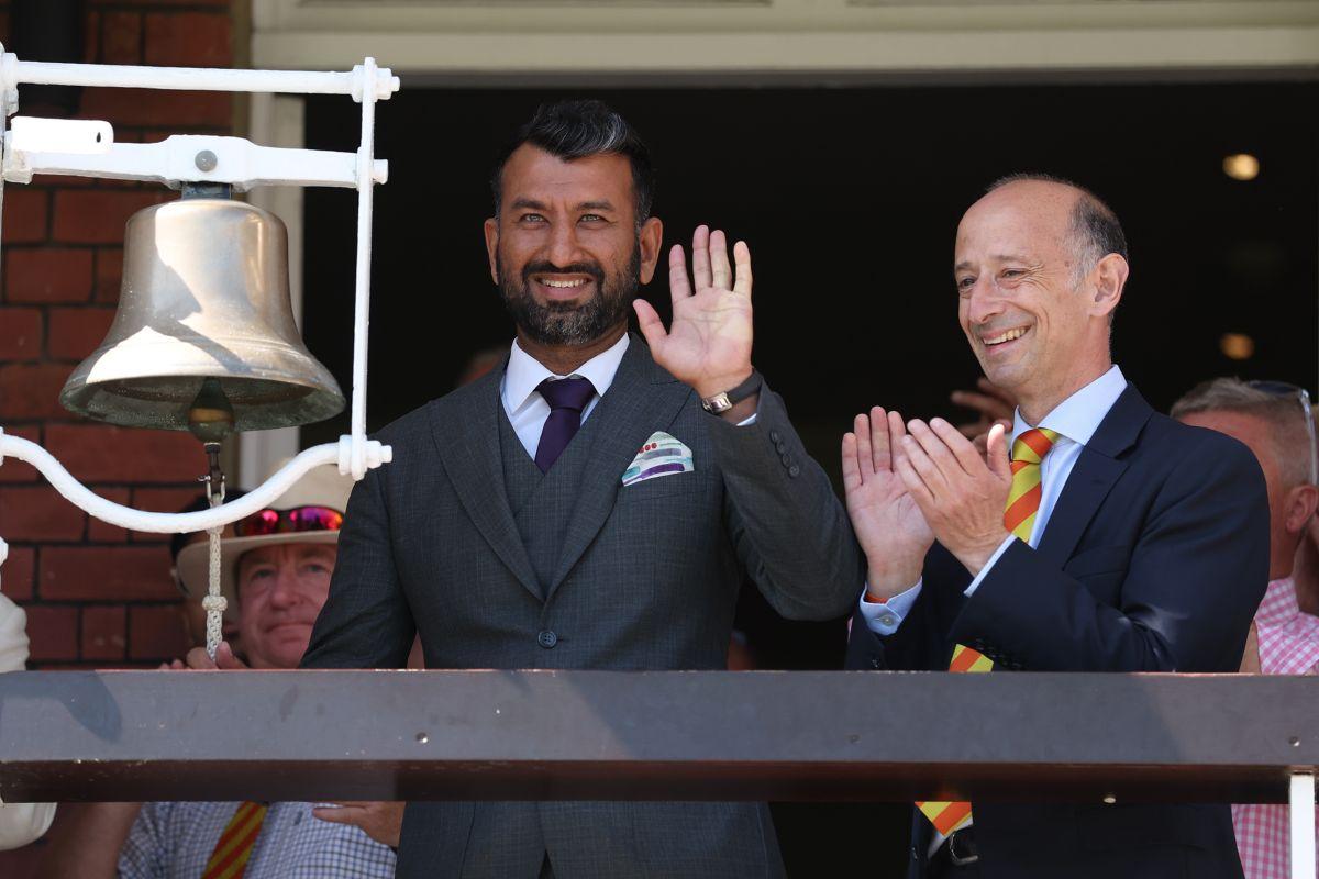 Cheteshwar Pujara rings the iconic Lord's Bell on Day 3 of the 3rd Test on Saturday