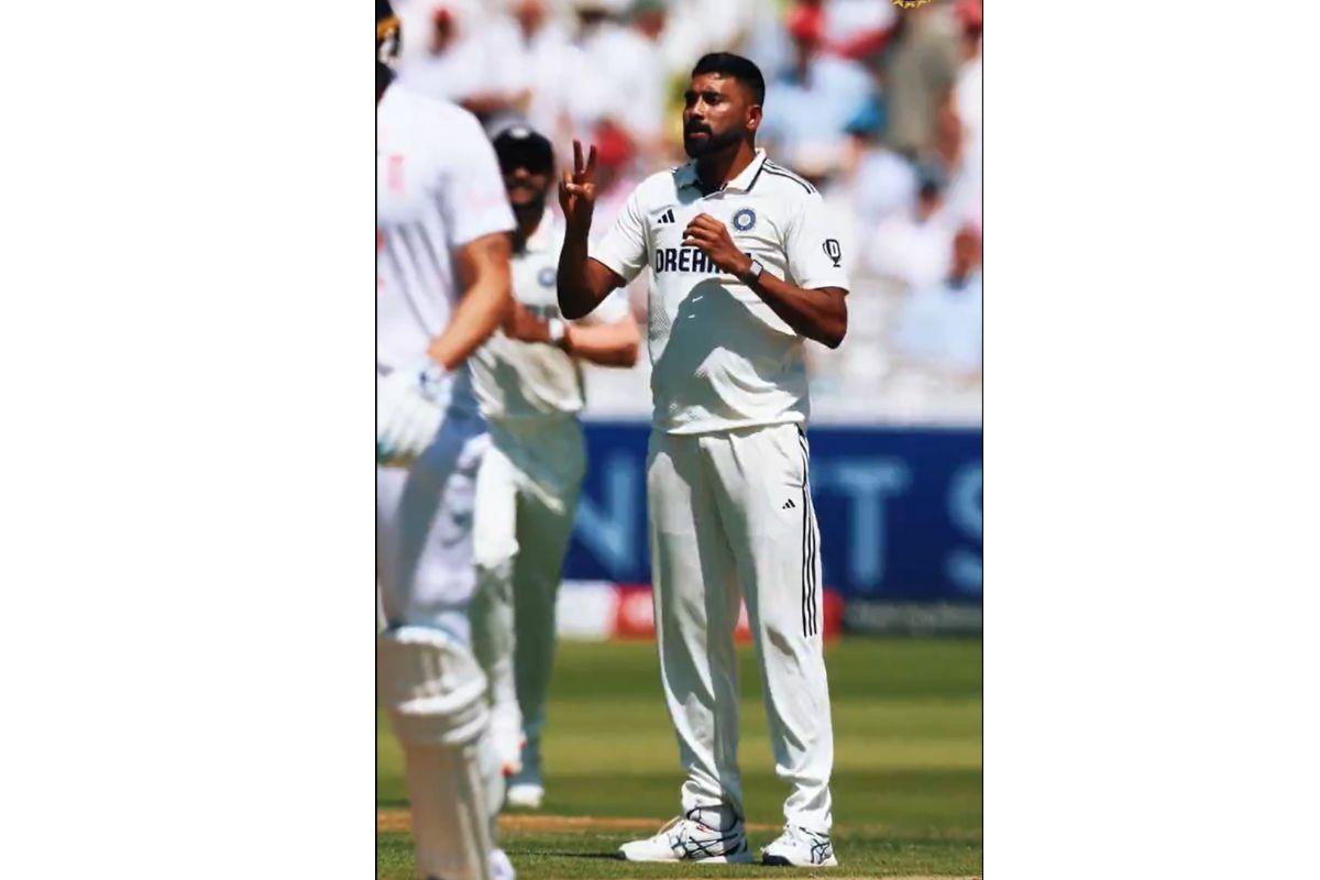 Mohammed Siraj gestures the number 20 after taking the wicket of Jamie Smith on Friday