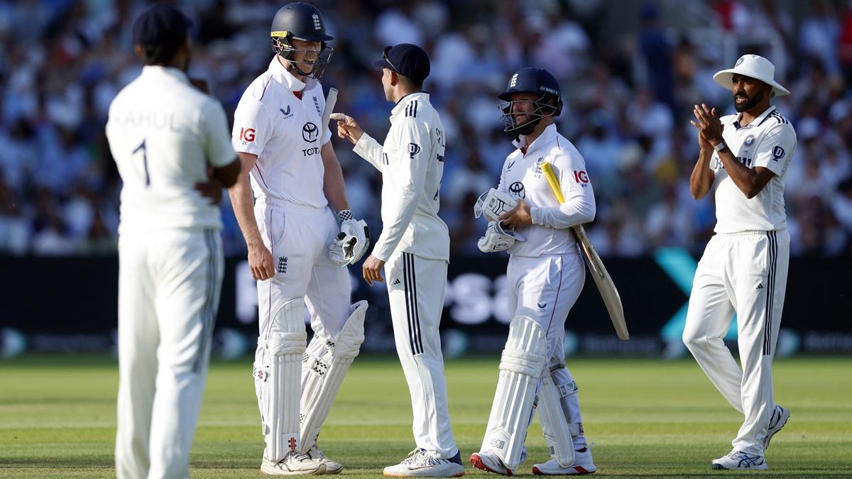 England opener Zak Crawley and India's captain Shubman Gill exchange words at the end of Day 3 in the third Test at Lord's after India squeeze in just one over in the hosts' second innings.