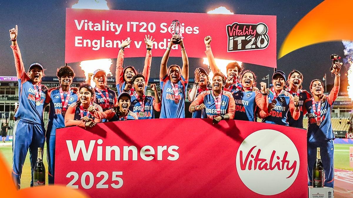 India's players celebrate with the trophy after winning the Vitality women's T20 series against England in Birmingham on Saturday.