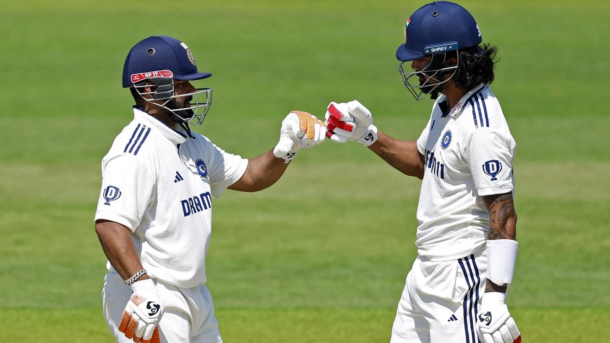 Rishabh Pant celebrates with K L Rahul after completing a half century during Day 3 of the third Test between England and India at Lord's, London, on Saturday.