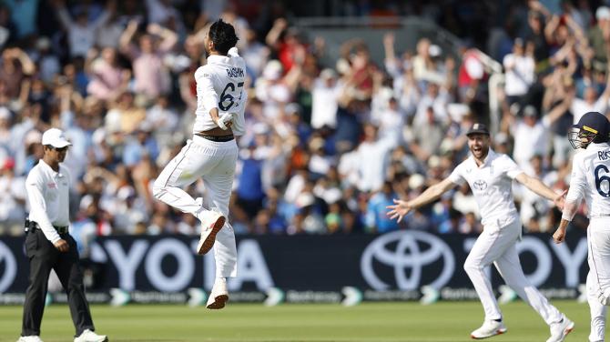 England's Shoaib Bashir celebrates after taking the last wicket of Mohammed Siraj to win the Test at Lord's on July 14, 2025