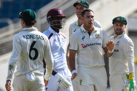 West Indies folded for a paltry 27 in just 14.3 overs in their chase of 203 for victory in the 3rd Test against Australia on Monday,