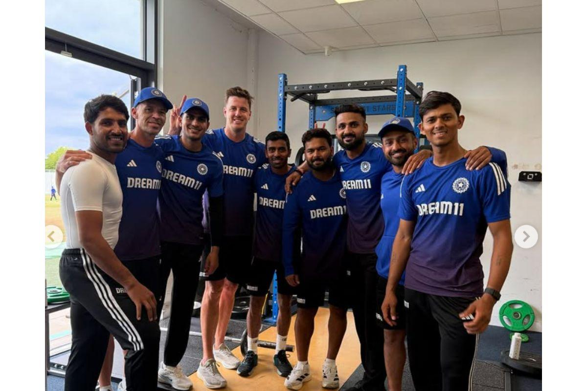 Rishabh Pant, Yashasvi Jaiswal, Akash Deep, Karun Nair, Dhruv Jurel, Abhimanyu Easwaran and Morne Morkel in the gym session.