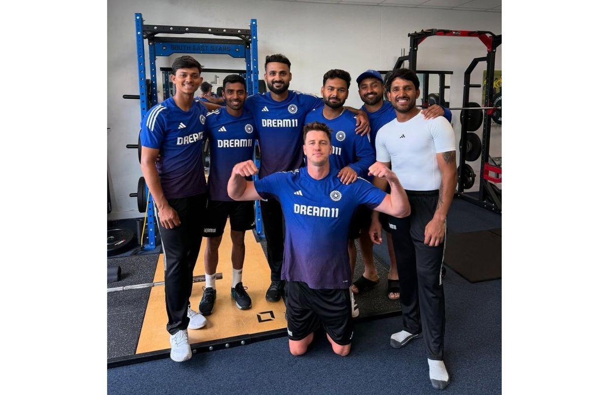 Indian players pose after their gym session