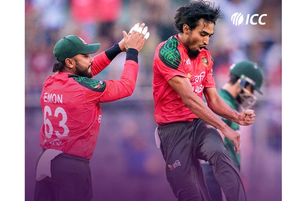 Bangladesh's Tanzim Hasan Sakib celebrates the wjcket of Pakistan's Salman Agha during their opening T20I in Dhaka on Sunday