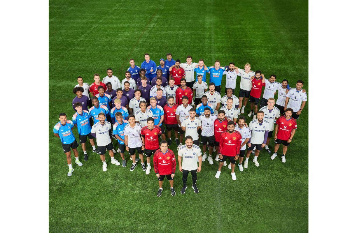 The Indian cricket Test team and the Manchester United team at the Carrington training ground in Manchester on Sunday 