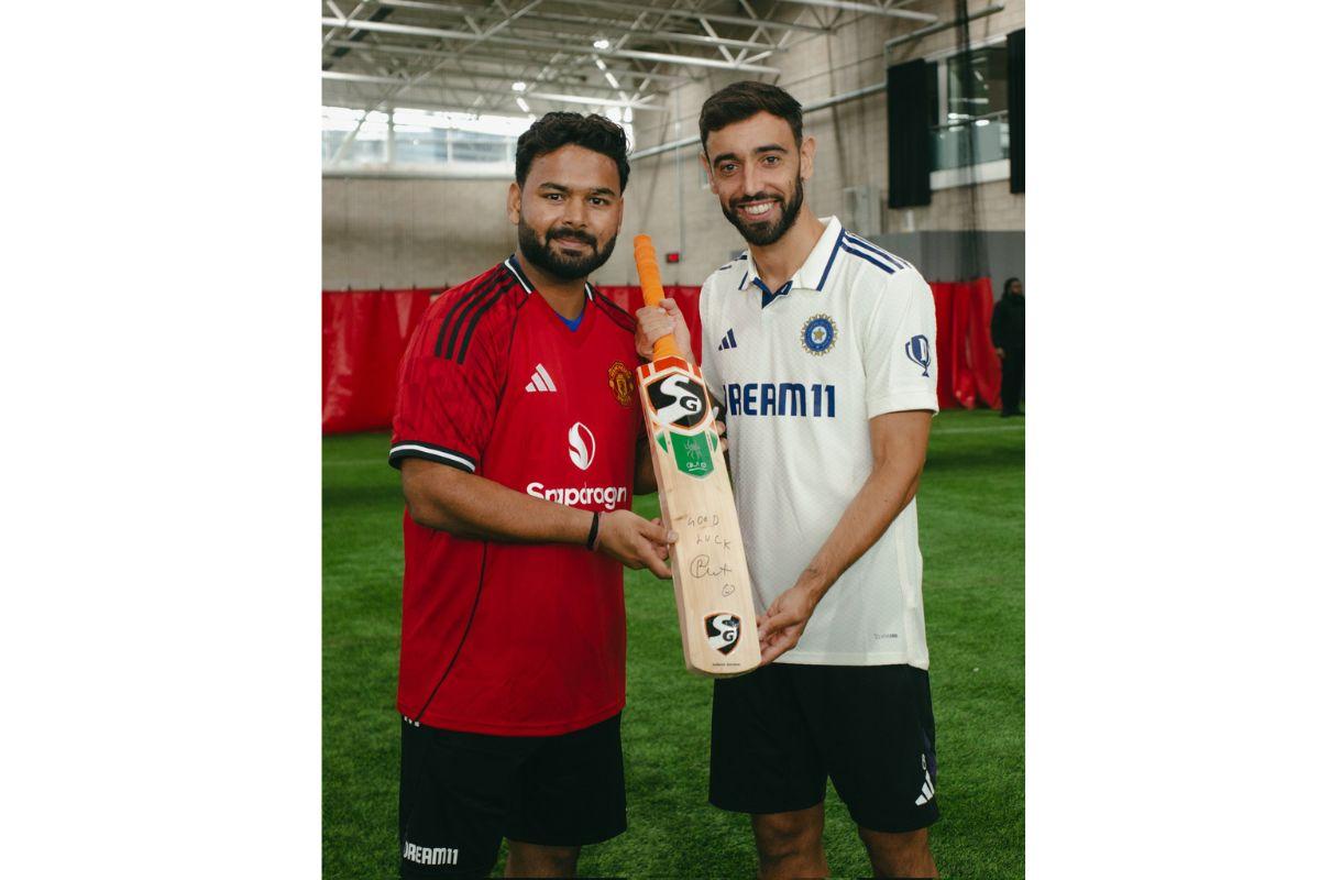 Rishabh Pant gives a bat to Bruno Fernandes