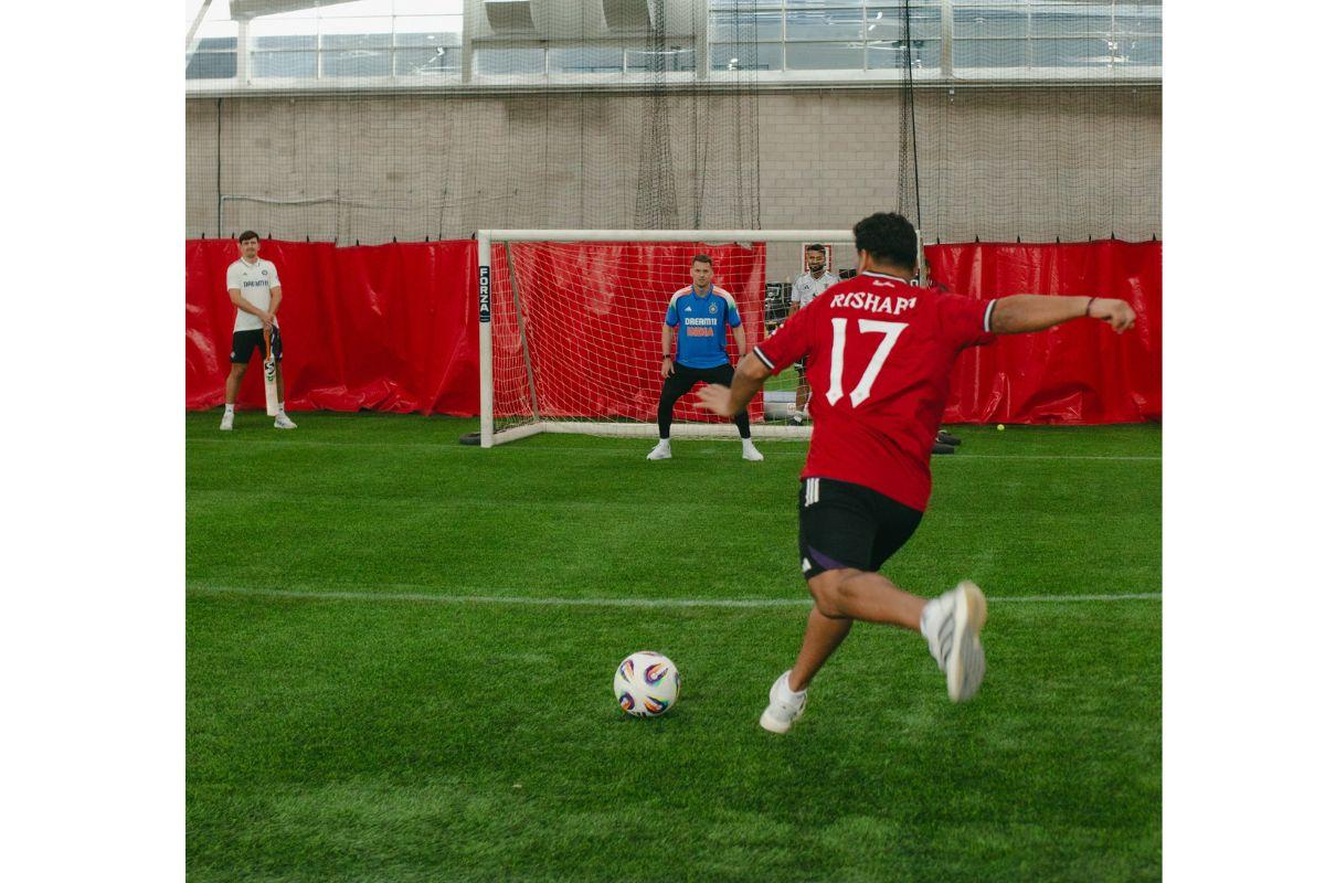 Rishabh Pant plays football at the Carrington training ground