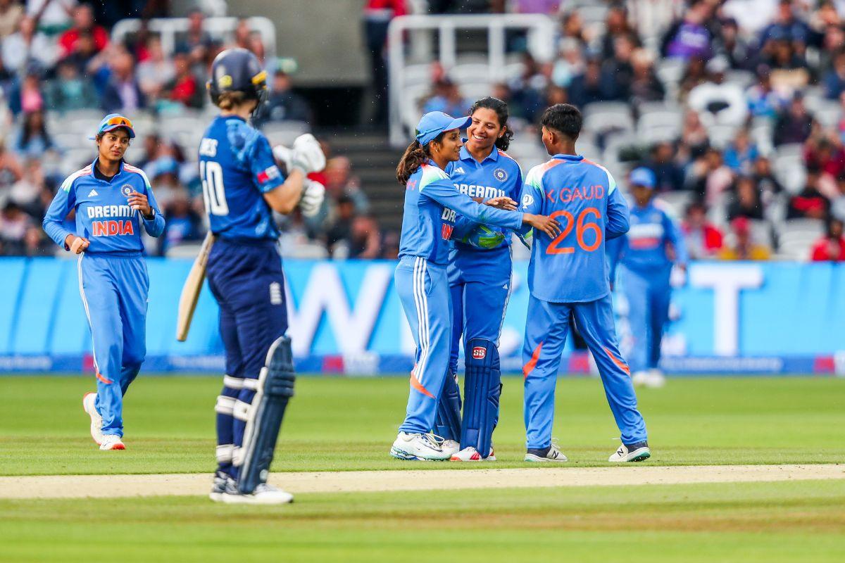 India players celebrate with Kranti Gaud after dismissing England's Nat Sciver-Brunt for 21 in the rain-marred 2nd ODI on Saturday