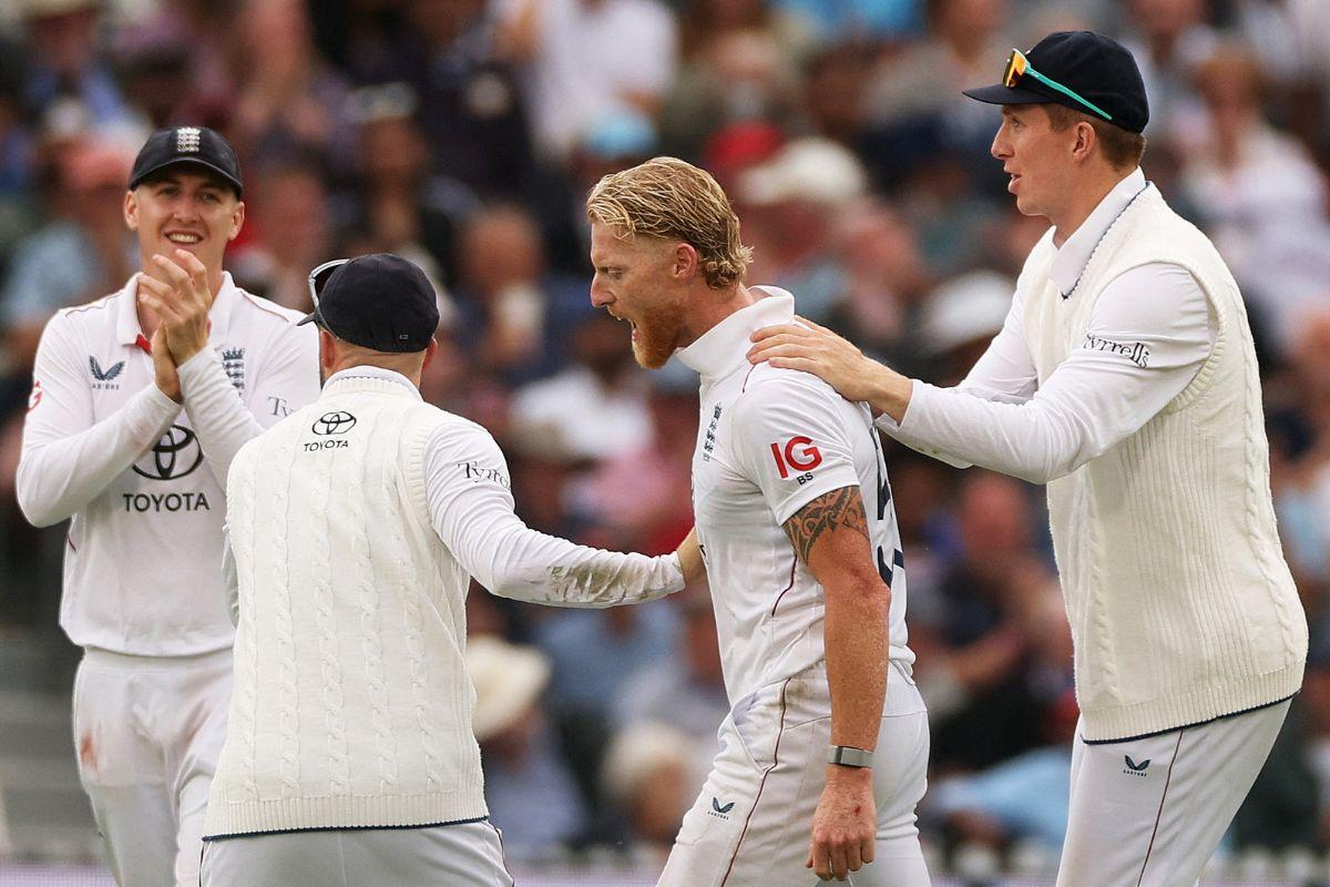 England's Ben Stokes celebrates with teammates after dismissing India's Sai Sudharsan