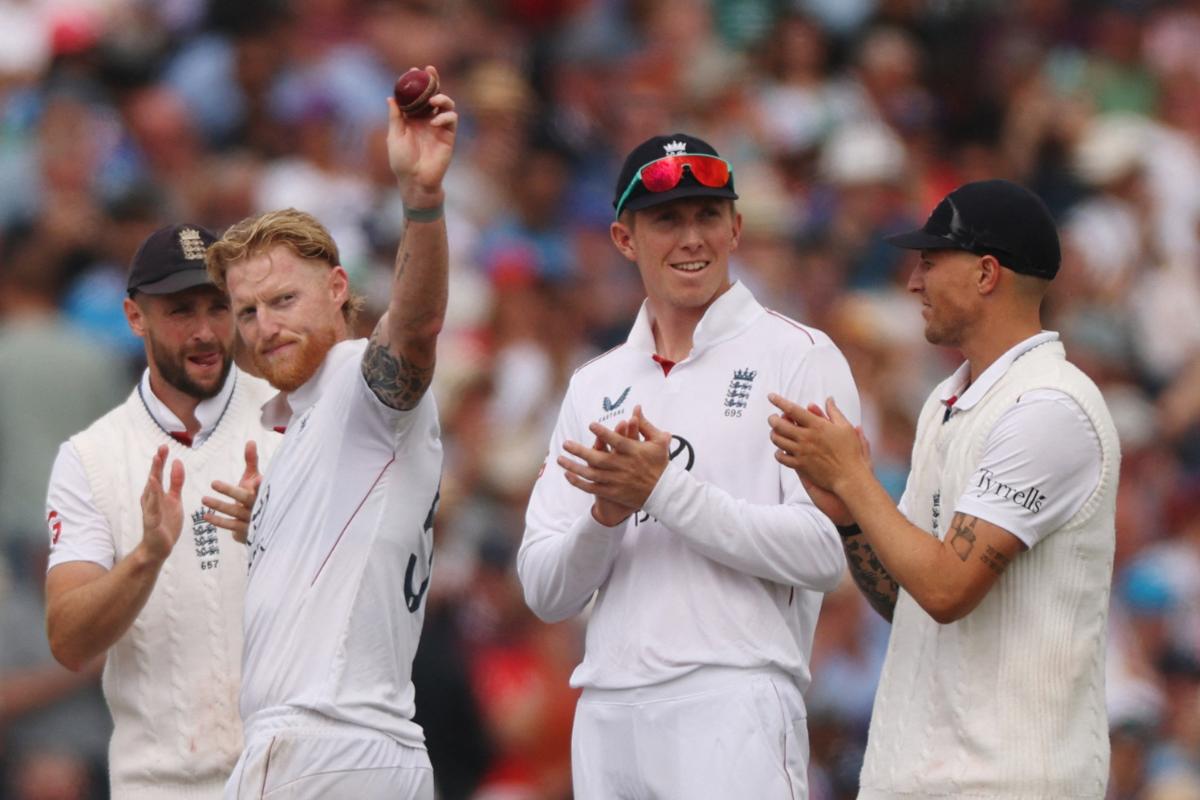 England's Ben Stoke celebrates a five-wicket haul after taking the wicket of India's Anshul Kamboj 