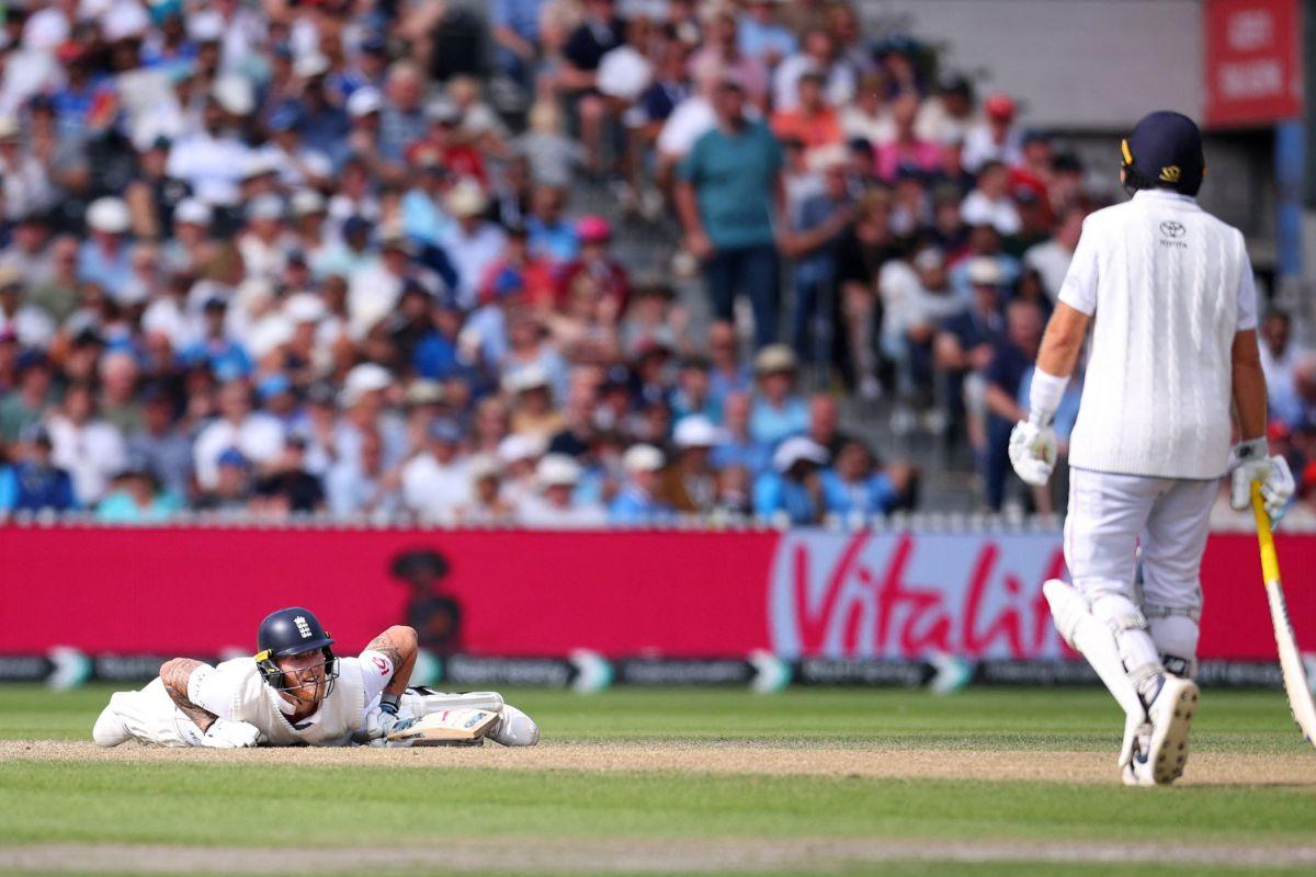 Ben Stokes falls after playing a reverse sweep