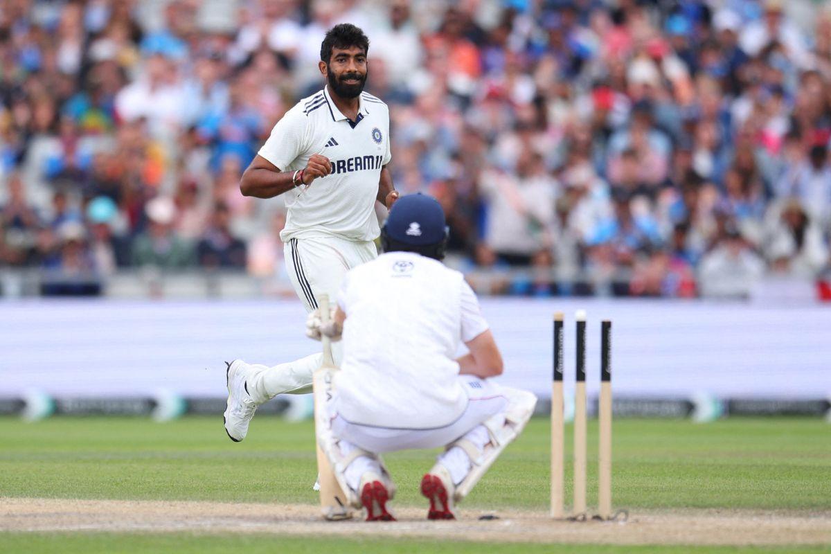 India's Jasprit Bumrah celebrates after taking the wicket of England's Liam Dawson