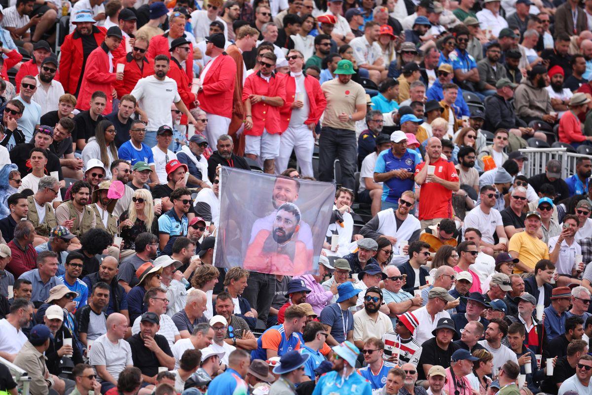 Fans show off a cheeky banner in the stands at Old Trafford, on Day 4 of the 4th Test at Manchester