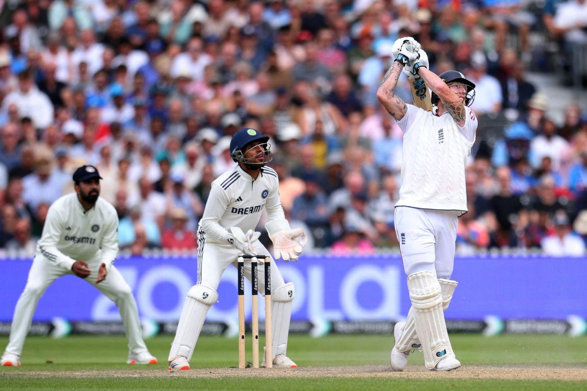 England's Ben Stokes in action as he hits six runs off the bowling of India's Washington Sundar
