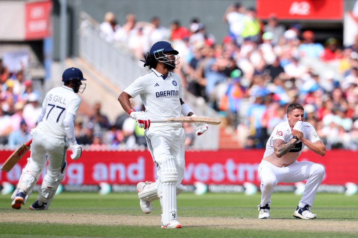 England's Brydon Carse reacts after Liam Dawson drops a catch from India's Shubman Gill 