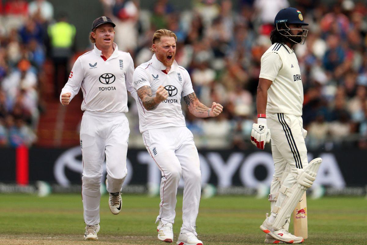  England's Ben Stokes celebrates after taking the wicket of India's KL Rahul 