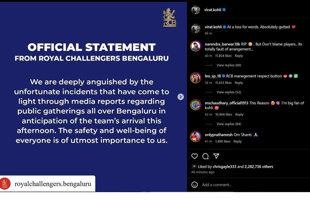 Kohli comments on RCB's statement on Instagram