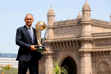 Mahendra Singh Dhoni after winning the 2011 ICC Cricket World Cup at Gateway of India in Mumbai
