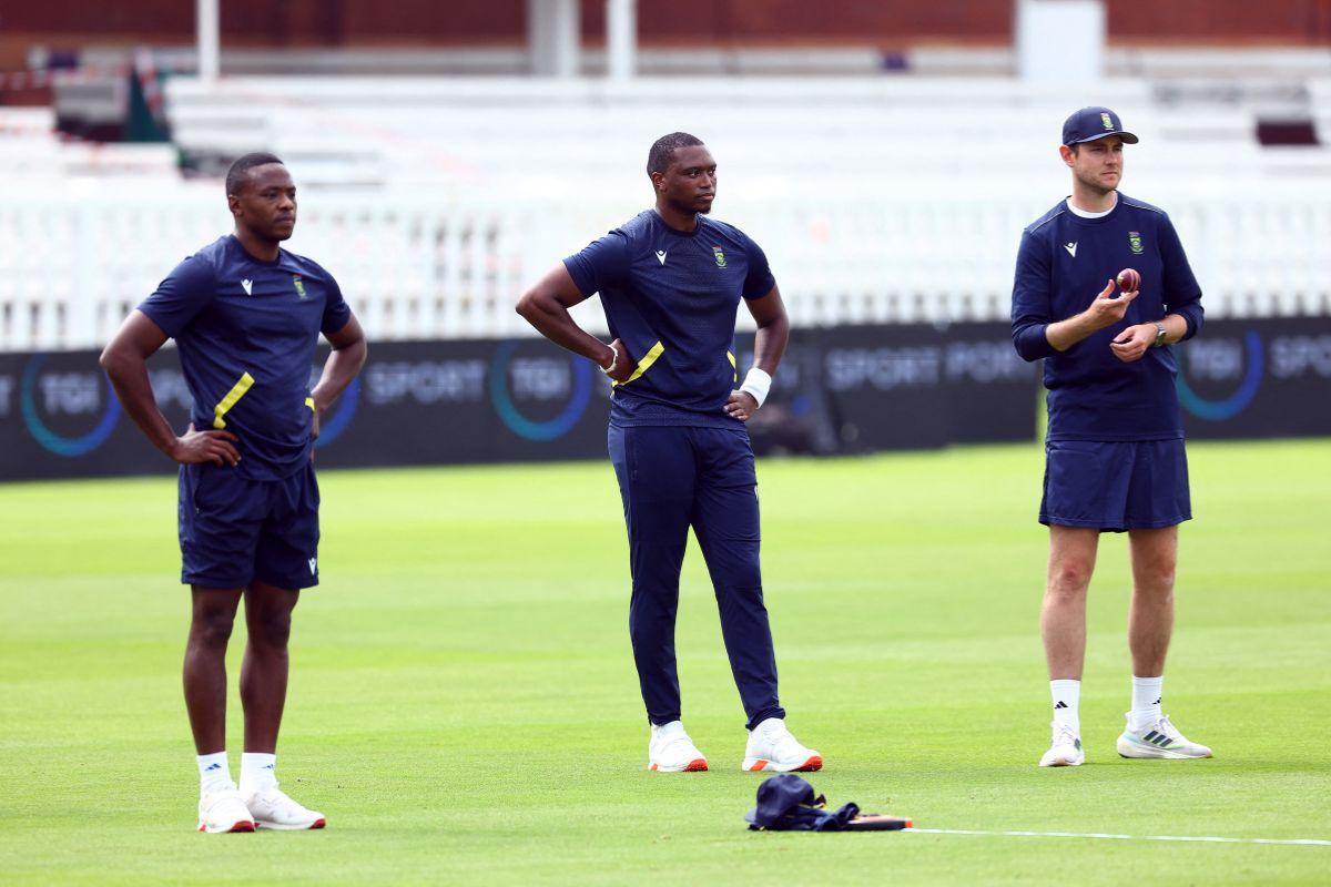 South Africa's Kagiso Rabada and Lungi Ngidi with team consultant Stuart Broad during practice at  Lord's Cricket Ground, London on Monday 