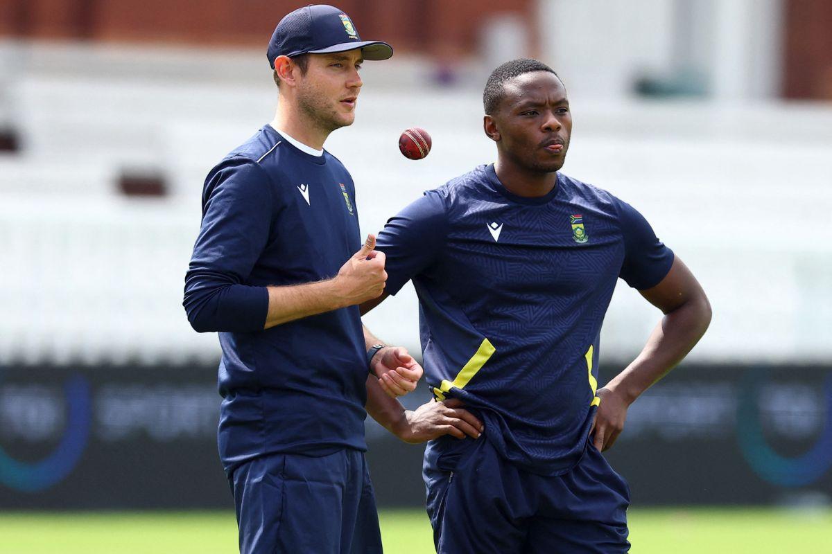 South Africa's Kagiso Rabada and team consultant Stuart Broad during practice on Monday. Rabada will lead the attack with Marco Jansen and Lungi Ngidi