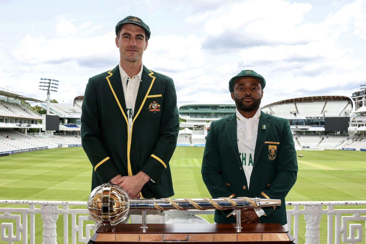Australia captain Pat Cummins and South Africa captain Temba Bavuma with the Test mace on Tuesday, the eve of the WTC final on Wednesday