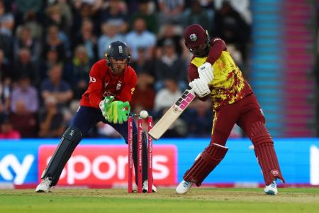 West Indies' Shai Hope smacks one down the ground
