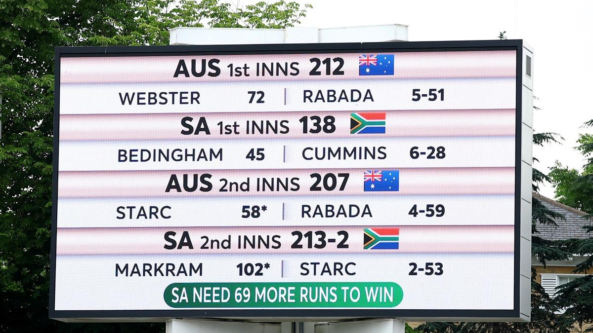 General view of the scoreboard at the end of play on Day 3 of the ICC World Test Championship final against Australia at Lord's Cricket Ground, London, on Friday.