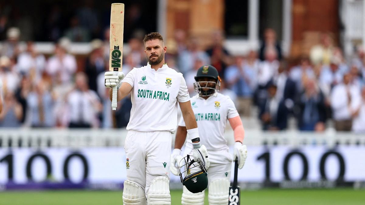 Aiden Markram celebrates scoring a century in South Africa's second innings on Day 3 of the ICC World Test Championship final against Australia at Lord's Cricket Ground, London, on Friday.