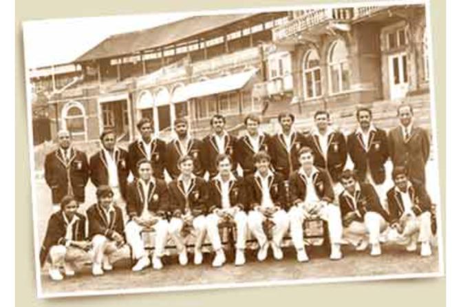 The team that won the 1971 series in England: (sitting from left) Kirmani, Vishwanath, Sardesai, Baig, Wadekar, Venkataraghavan, Engineer, Gavaskar, Solkar, (standing) Mehra (official), Prasanna, Govindraj, Bedi, Chandrashekhar, Mankad, Krishnamurthy, Jayantilal, Abid Ali, Hemu Adhikari (manager)