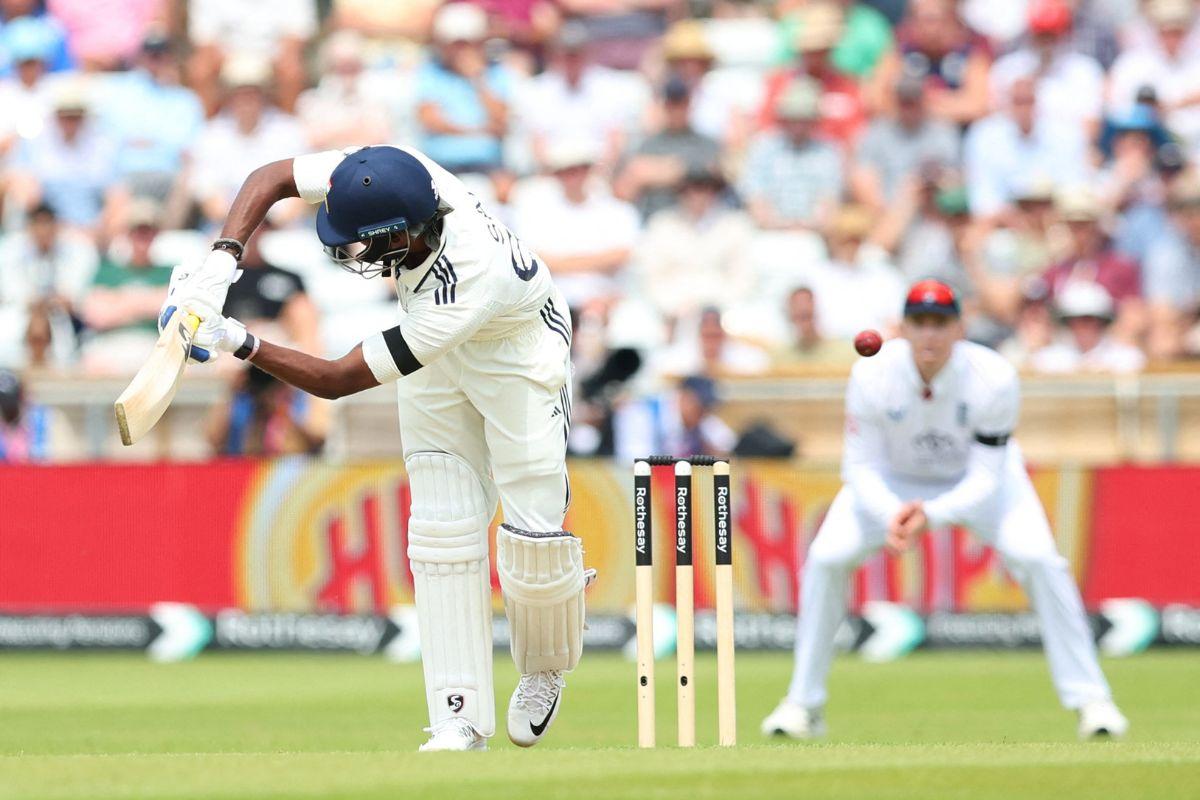 India's Sai Sudharsan is out for a duck as he plays a shot and is caught behind by England's Jamie Smith, off the bowling of Ben Stokes 