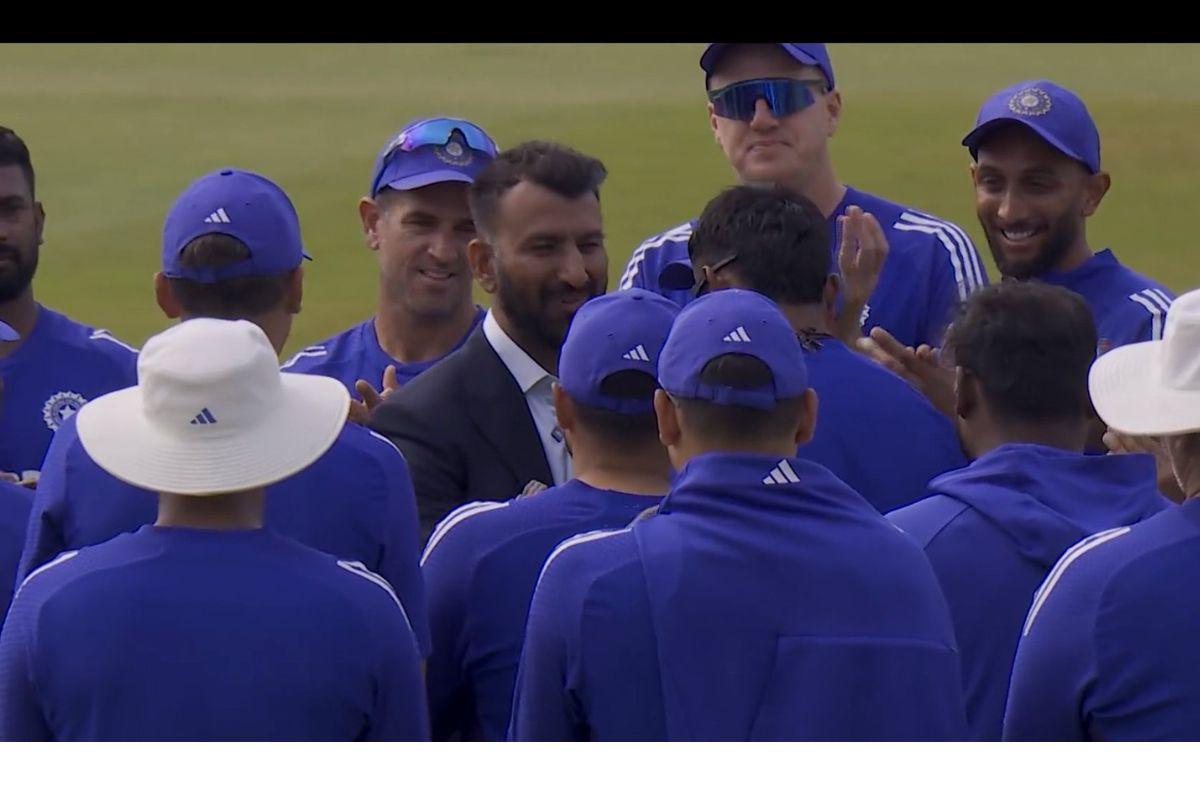 Former India batter Cheteshwar Pujara hands the Test cap to Sai Sudharsan