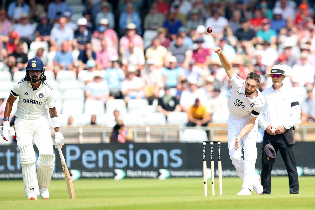 England's Chris Woakes bowls to Yashasvi Jaiswal on Day 1 of the 1st Test at Headlingley on Friday