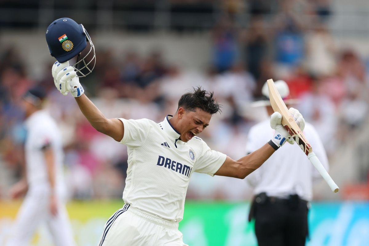 An ecstatic Yashasvi Jaiswal celebrates his ton, his first in England, at Headingley on Friday