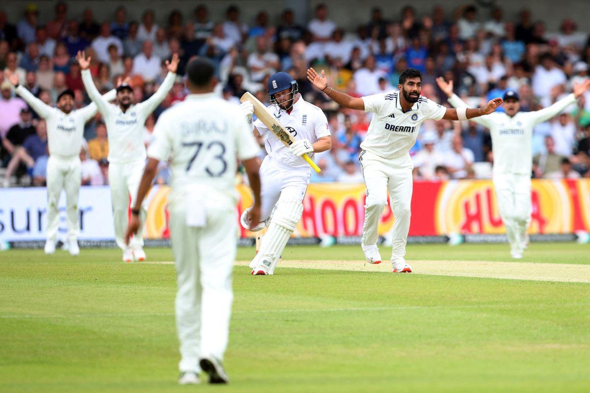 India's Jasprit Bumrah appeals for the wicket of England's Ben Duckett, on Day 2 of the opening Test at Headingley in Leeds on Saturday