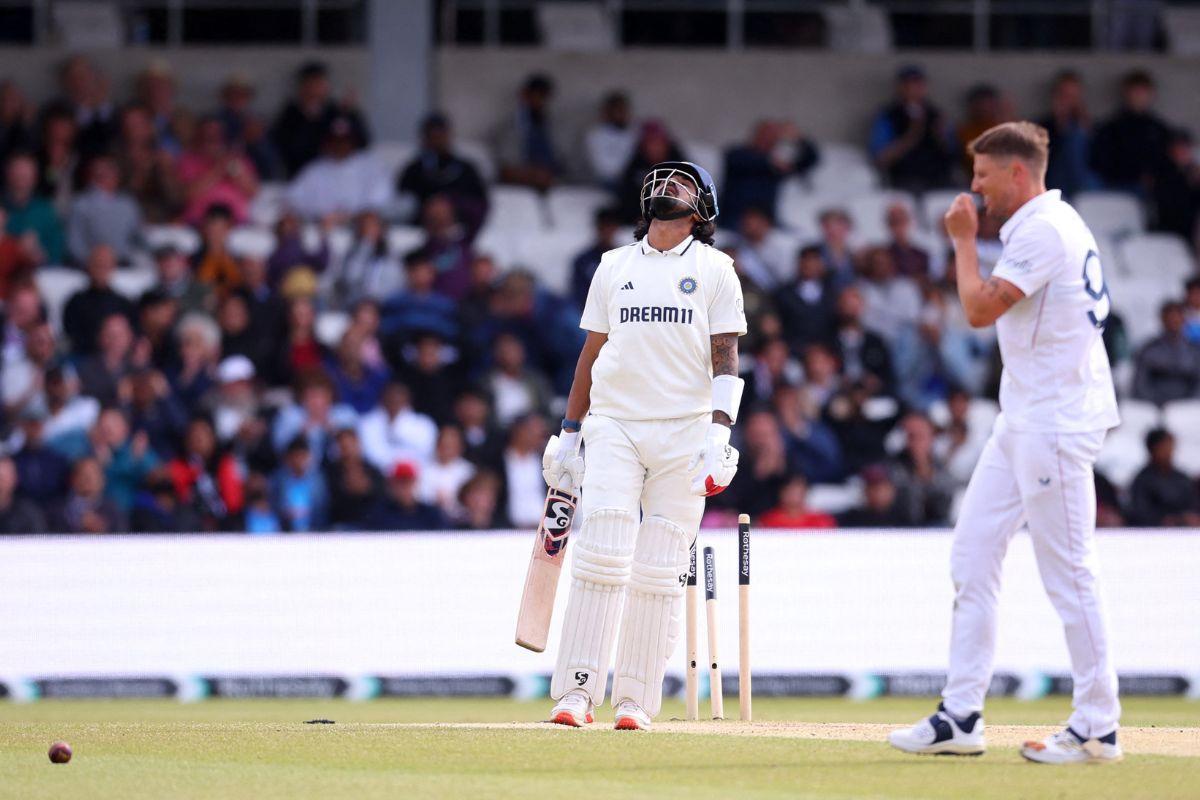 India's KL Rahul reacts after losing his wicket off the bowling of England's Brydon Carse