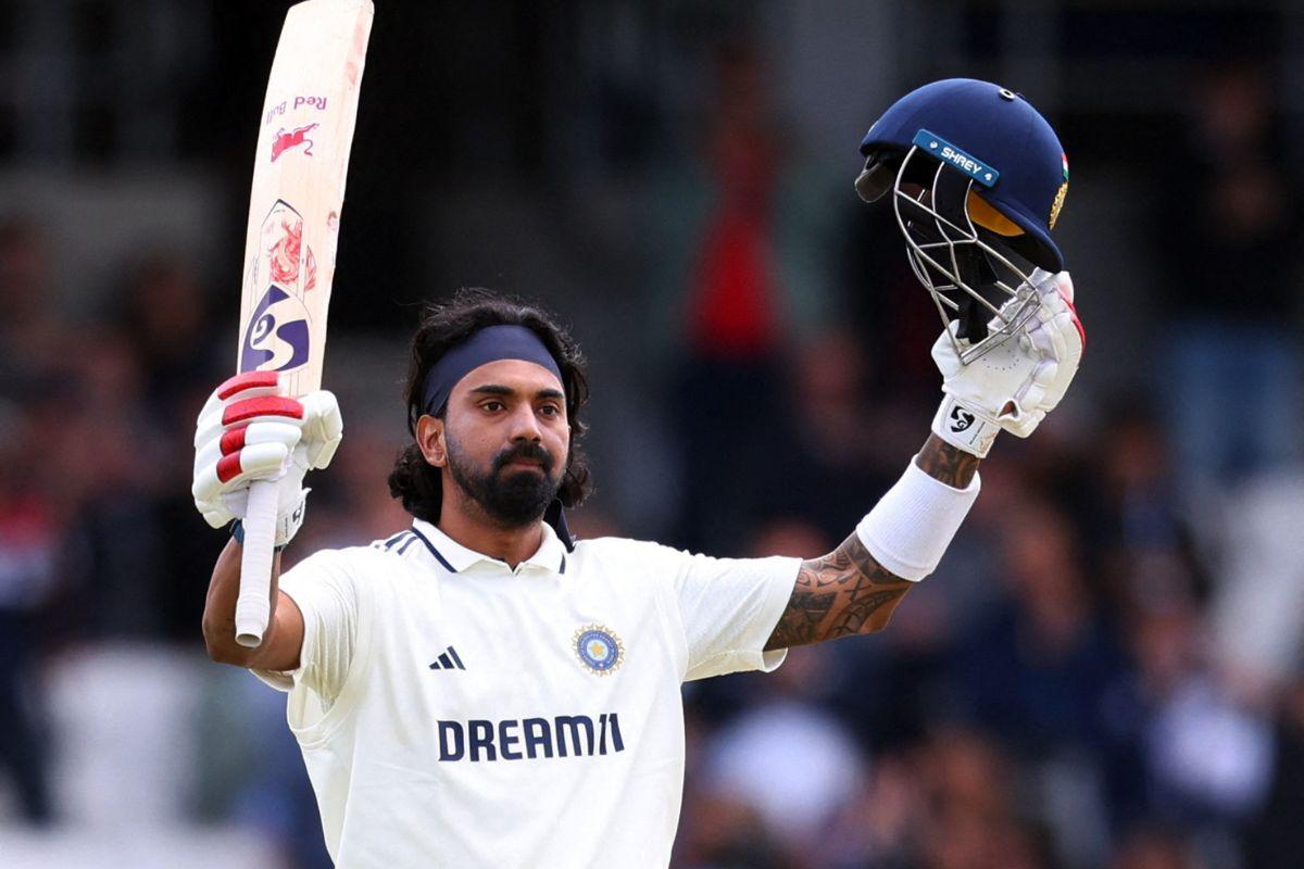 KL Rahul celebrates his century against England in the 2nd innings, on Day 4 of the opening Test at Headingley, Leeds, on Monday