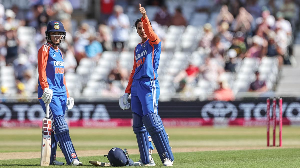 Smriti Mandhana celebrates on reaching her century on Saturday. Mandhana became the first Indian woman cricketer to slam centuries in all three formats in international cricket