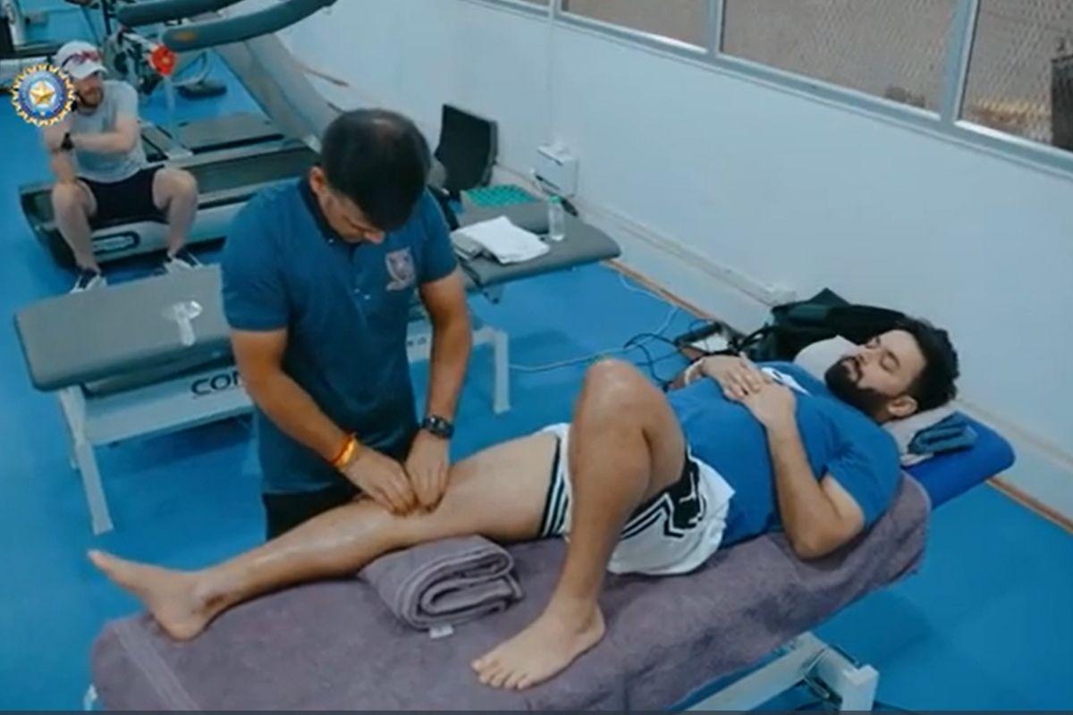 Thulasi Yuvraj, a physiotherapist at the National Cricket Academy works with Rishabh Pant during his rehab