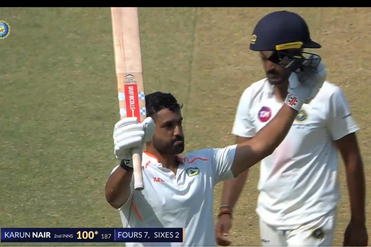 Karun Nair celebrates his century, his fourth this season, on Day 4 of the Ranji Final against Kerala on Saturday