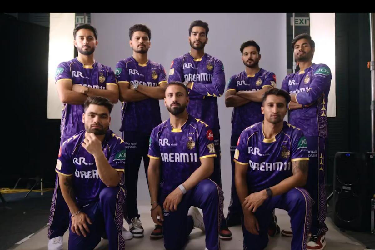 KKR players don new jerseys with three stars above the crest, signifying their three IPL titles