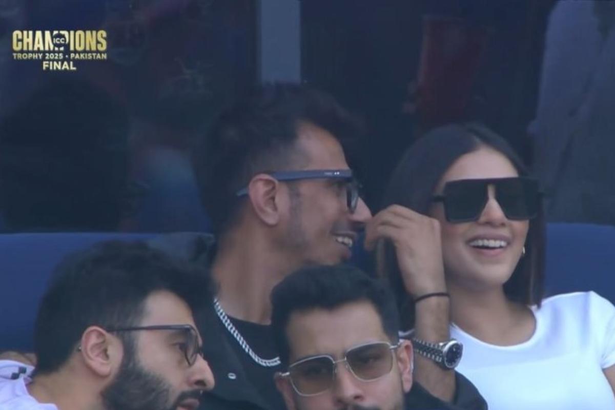 Yuzvendra Chahal and actor and RJ Mahvesh enjoy the proceedings of the Champions Trophy final in Dubai on Sunday