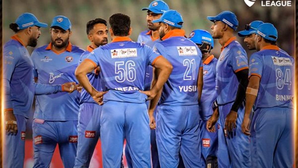 India's players celebrate the fall of a West Indies wicket during the International Masters League 2025 match in Raipur on Saturday night.